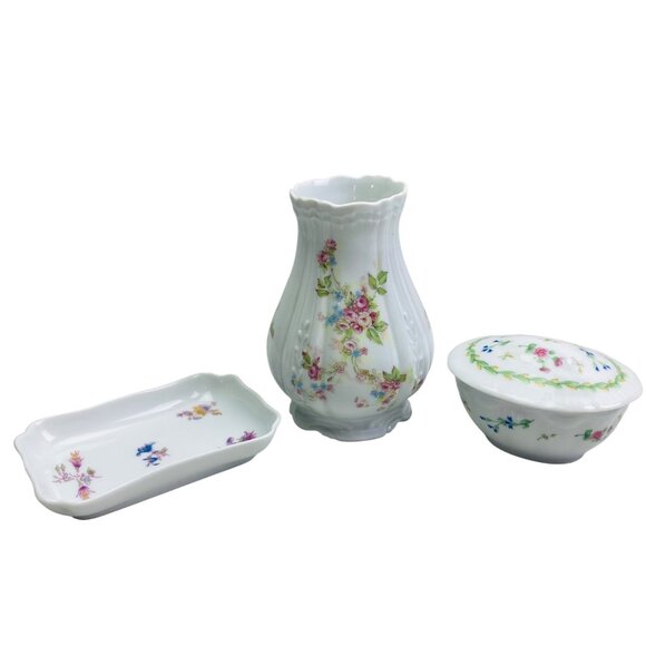 Vintage Haviland Limoges France Floral Porcelain Set - Vase, Tray, Trinket Box - Picture 1 of 13